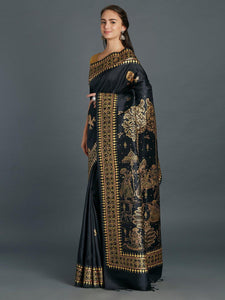 CraftsCollection.in - Black Silk Saree with handpainted Pattachitra motifs