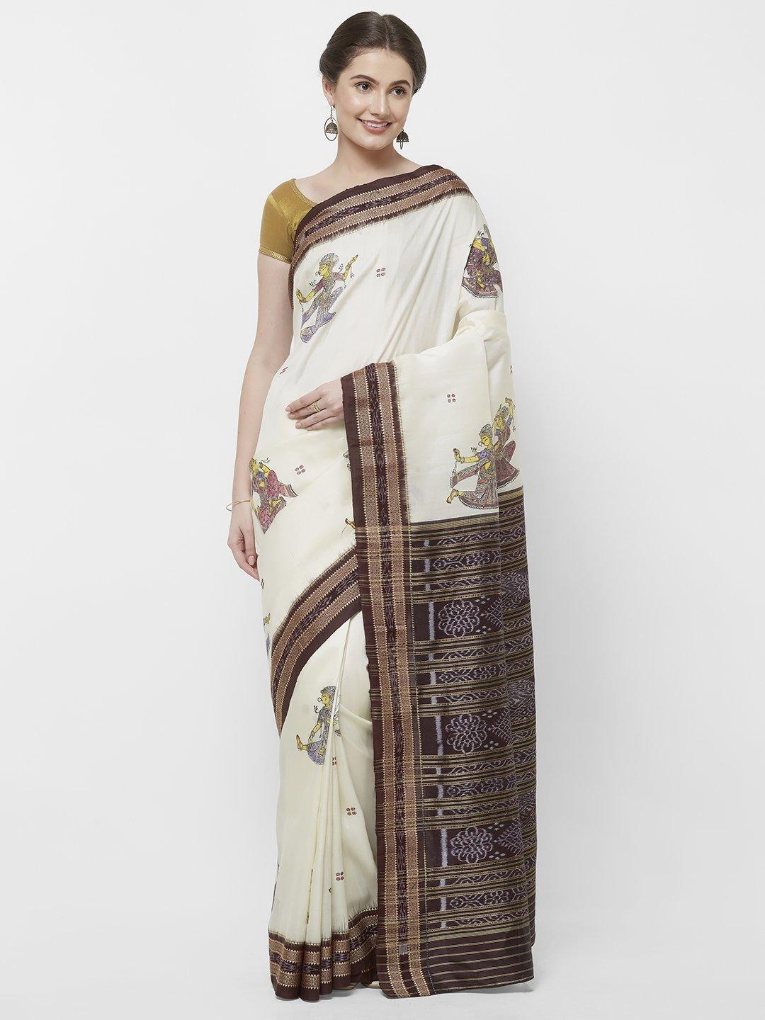 CraftsCollection.in -Offwhite Odisha Sambalpuri Silk Saree with Pattachitra motifs