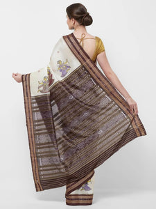 CraftsCollection.in -Offwhite Odisha Sambalpuri Silk Saree with Pattachitra motifs