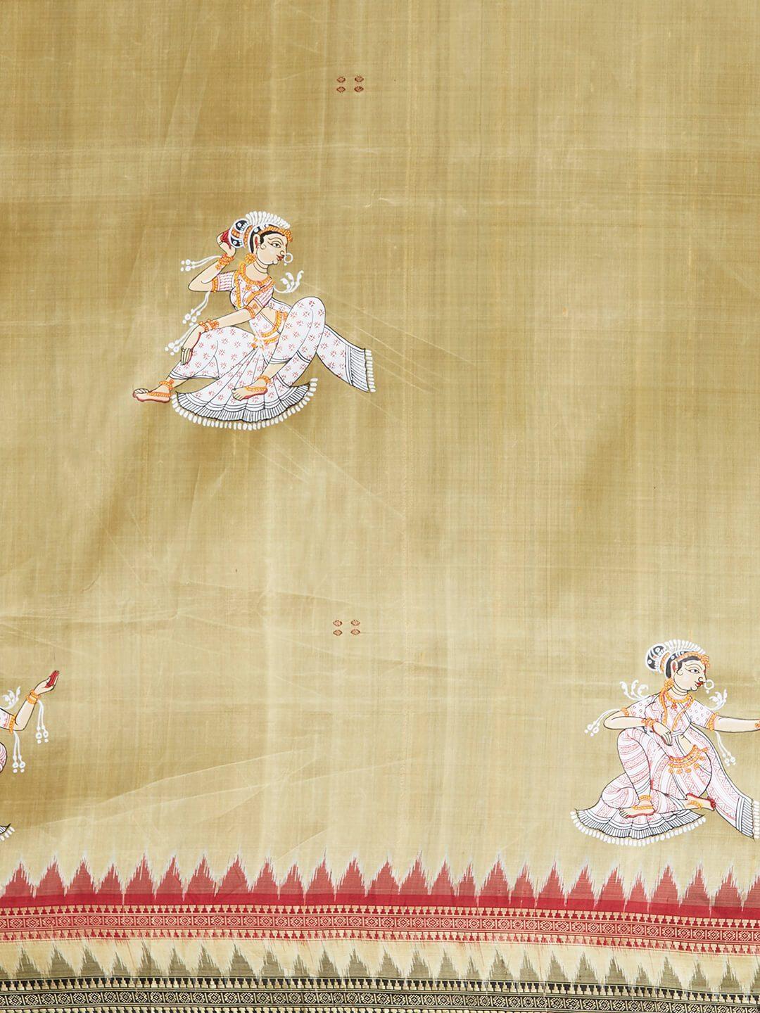 CraftsCollection.in -Cream  Odisha Samablpuri Silk Saree with handpainted Pattachitra motifs