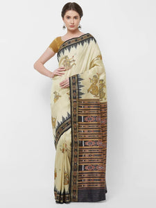 CraftsCollection.in -Cream Odisha Sambalpuri Silk Saree with Pattachitra motifs