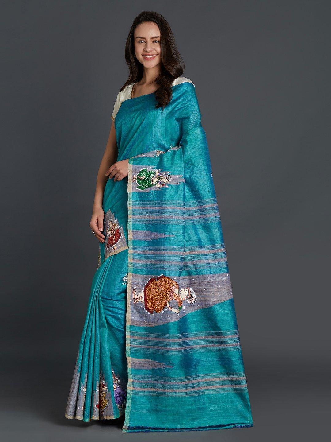 CraftsCollection.in - Blue Tussar Silk Saree with handpainted Pattachitra motifs