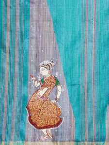CraftsCollection.in - Blue Tussar Silk Saree with handpainted Pattachitra motifs