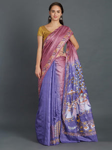 CraftsCollection.in - Double Colour Tussar Silk Saree with handpainted Pattachitra motifs