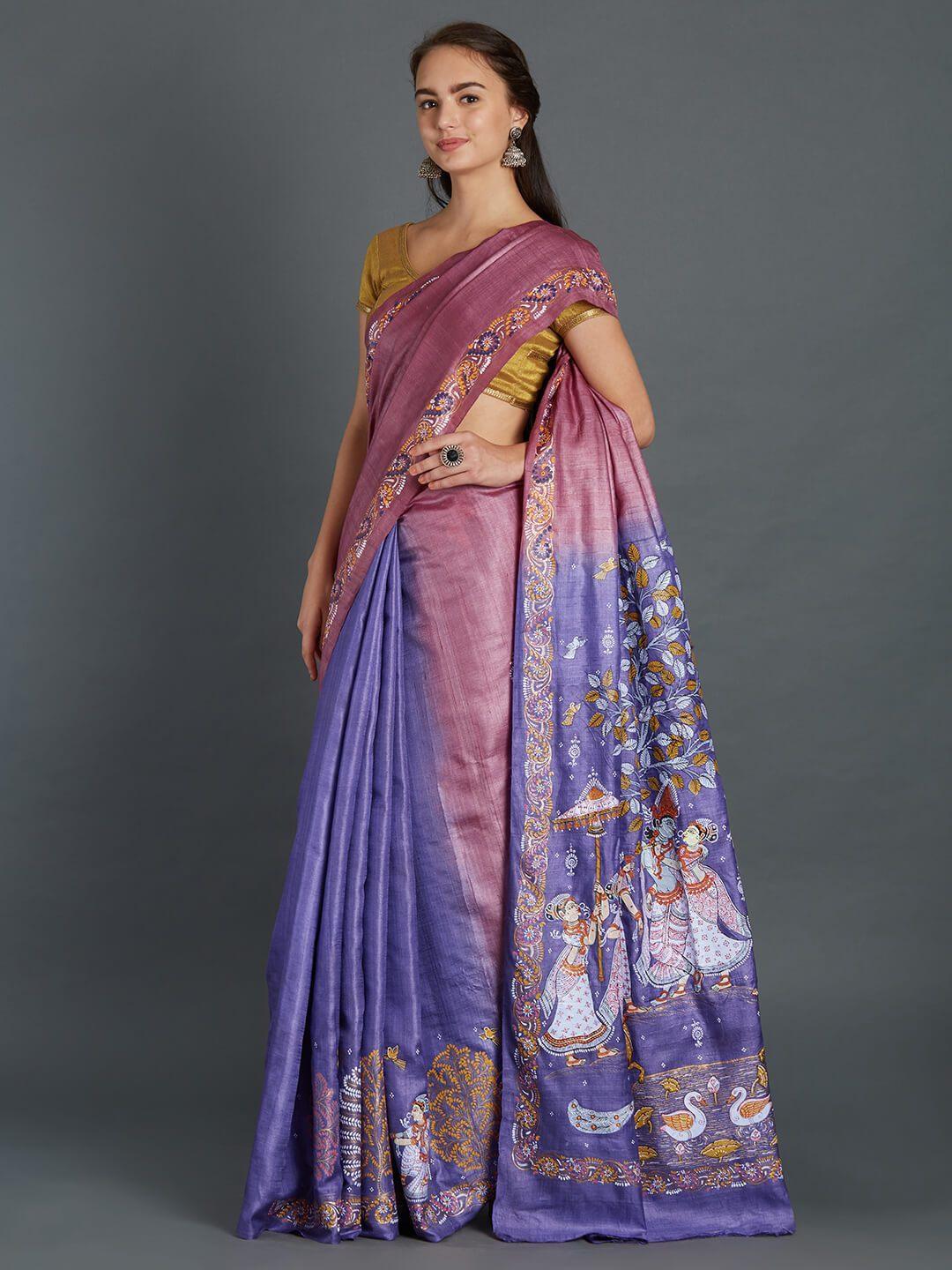 CraftsCollection.in - Double Colour Tussar Silk Saree with handpainted Pattachitra motifs