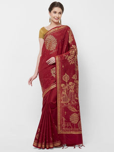 CraftsCollection.in -Red Pure Silk Saree with handpainted Pattachitra motifs