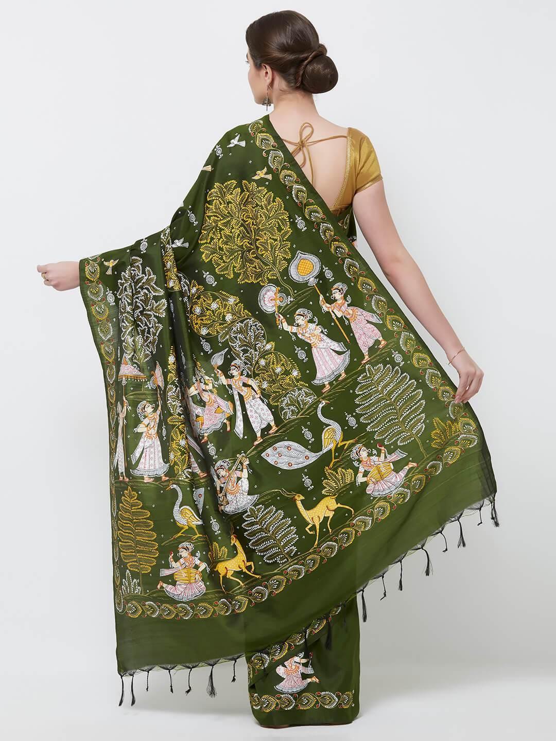 CraftsCollection.in -Green Pure Silk Saree with handpainted Pattachitra motifs