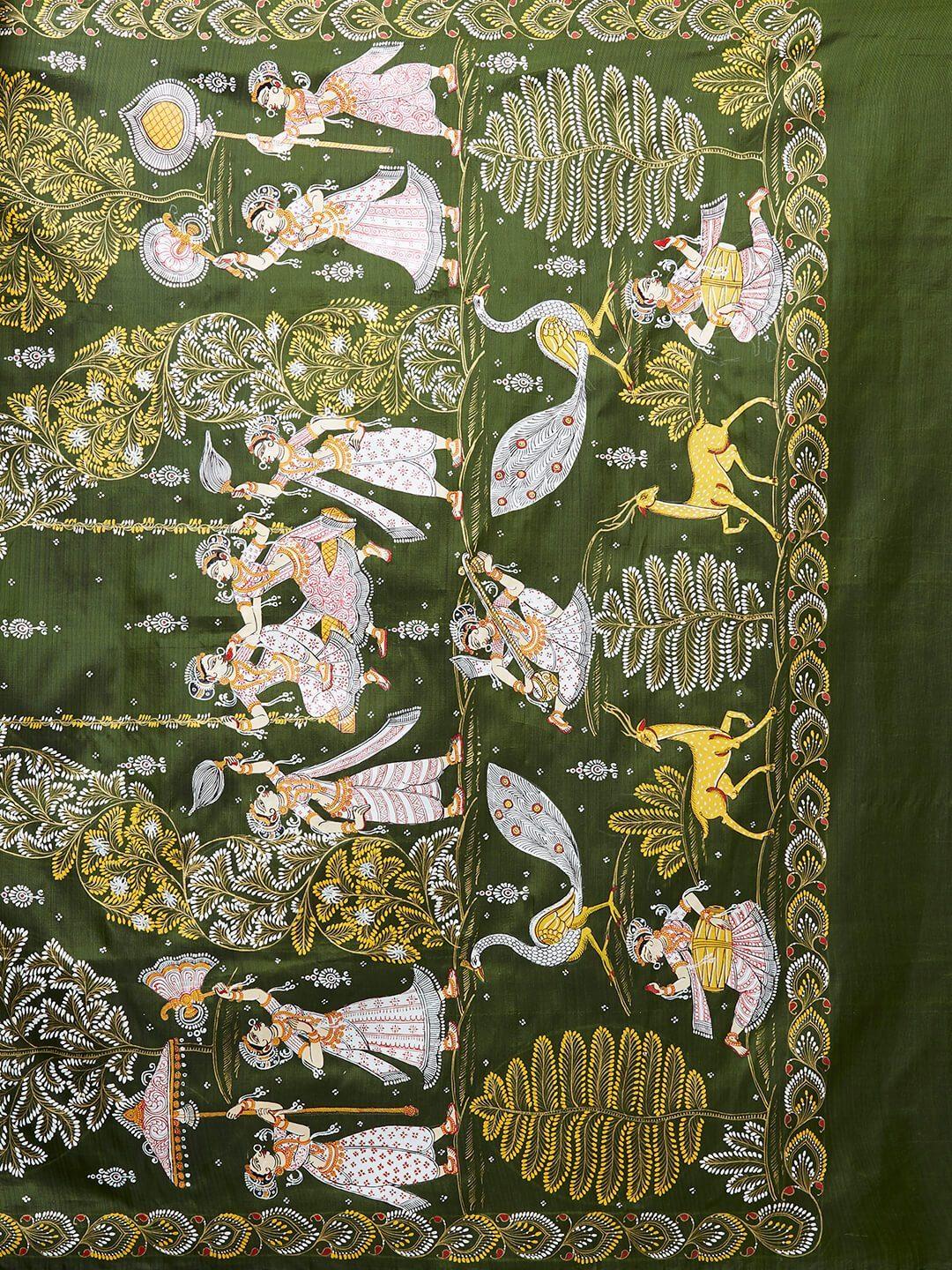 CraftsCollection.in -Green Pure Silk Saree with handpainted Pattachitra motifs