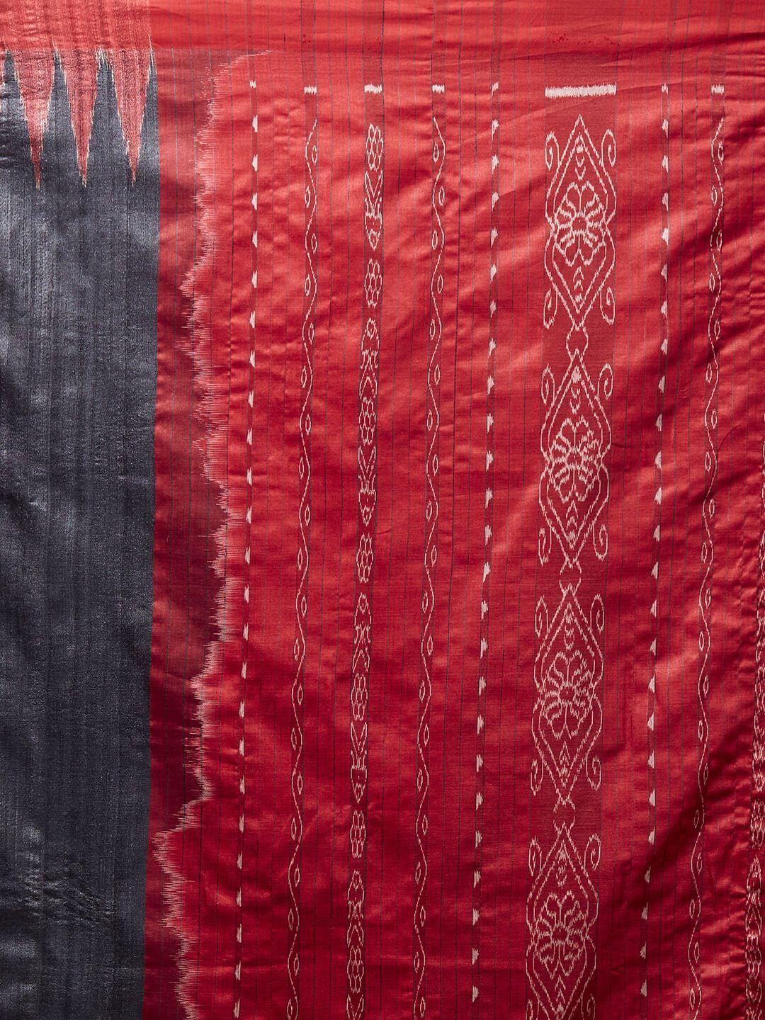 CraftsCollection.in - Black and Red Tussar Silk Sambalpuri Saree