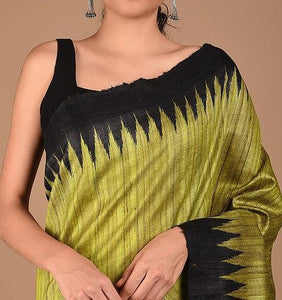 Golden and Black Patli Tussar Ghicha Silk Sambalpuri Ikat Saree - Crafts Collection
