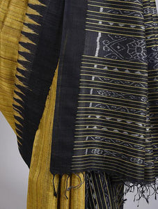 Golden and Black Patli Tussar Ghicha Silk Sambalpuri Ikat Saree - Crafts Collection