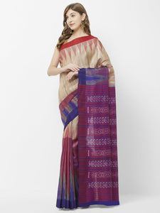CraftsCollection.in - Beige Purple half half Tussar Silk Sambalpuri Saree 