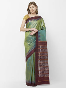CraftsCollection.in - Green Brown Tussar Silk Sambalpuri Saree