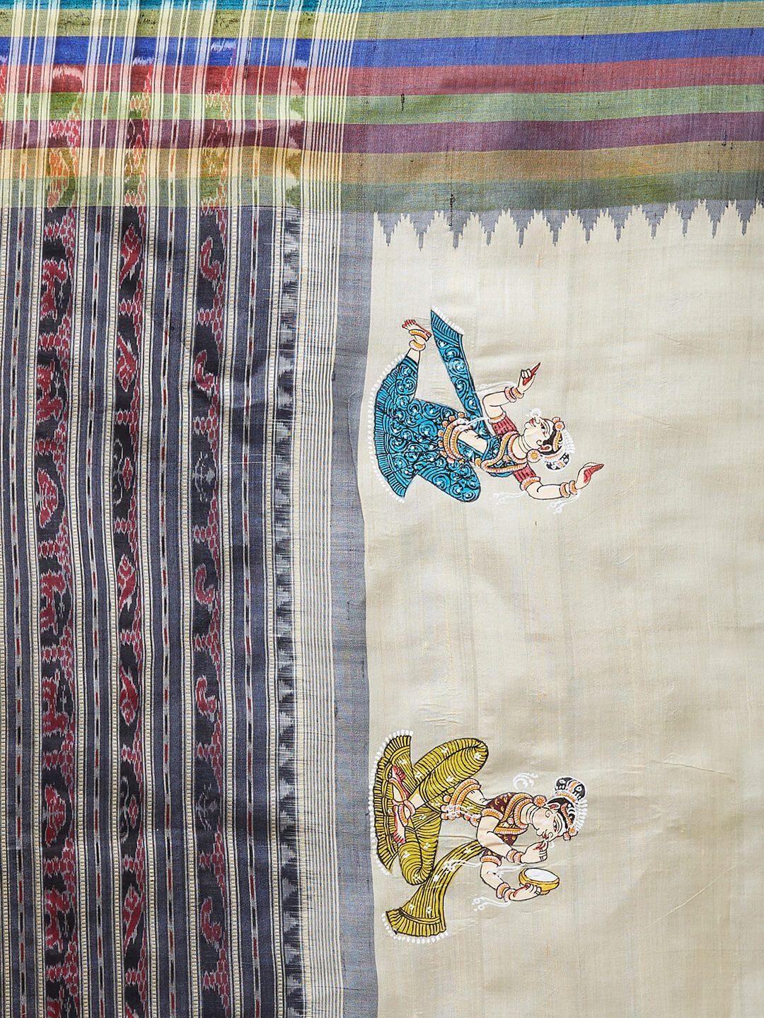 CraftsCollection.in -Offwhite Tussar Silk Sambalpuri Saree with handpainted Pattachitra motifs