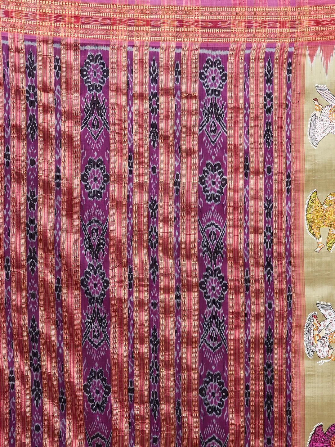 CraftsCollection.in -Cream  Odisha Sambalpuri Silk Saree with handpainted Pattachitra motifs