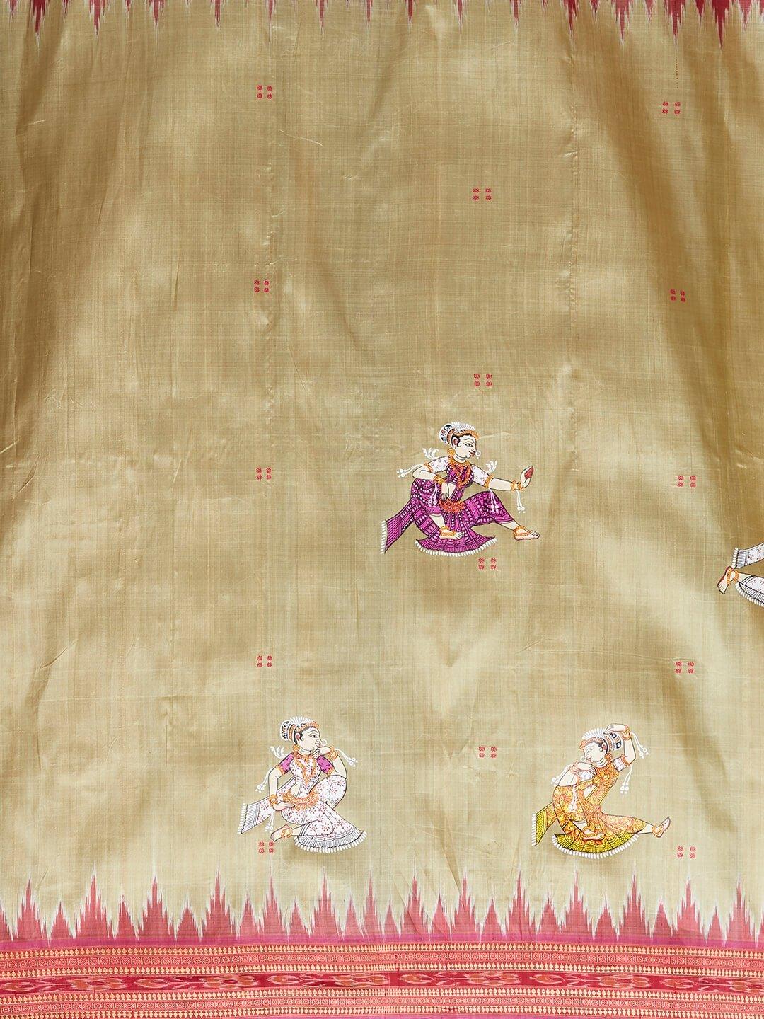 CraftsCollection.in -Cream  Odisha Sambalpuri Silk Saree with handpainted Pattachitra motifs