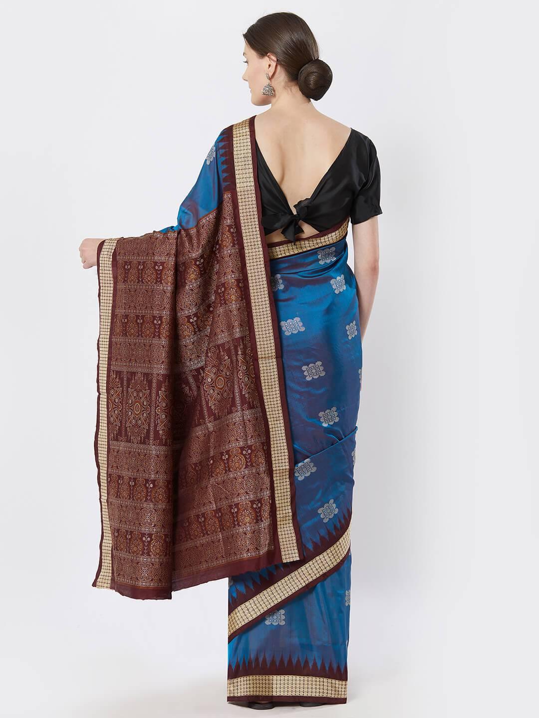 CraftsCollection.in - Blue and Maroon Bomkai Silk Saree