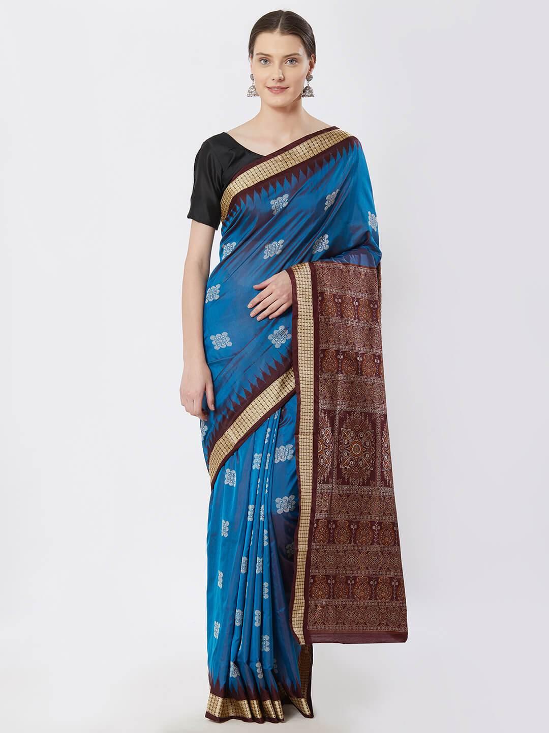 CraftsCollection.in - Blue and Maroon Bomkai Silk Saree
