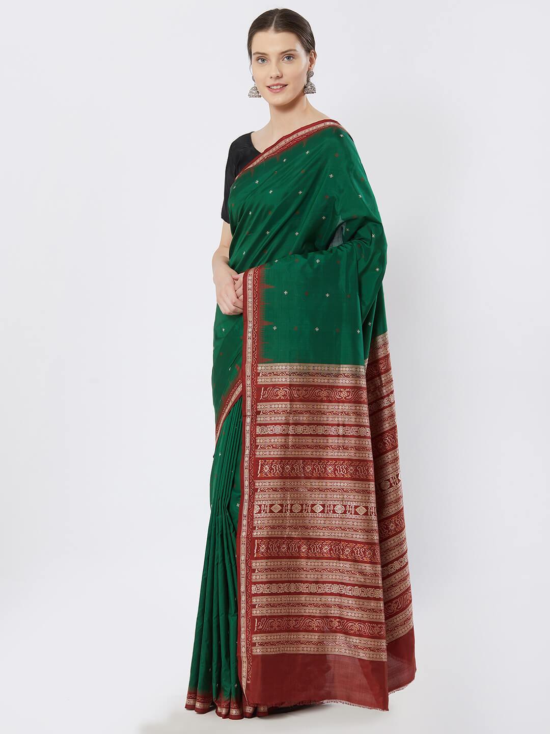 CraftsCollection.in - Green and Red Bomkai Silk Saree