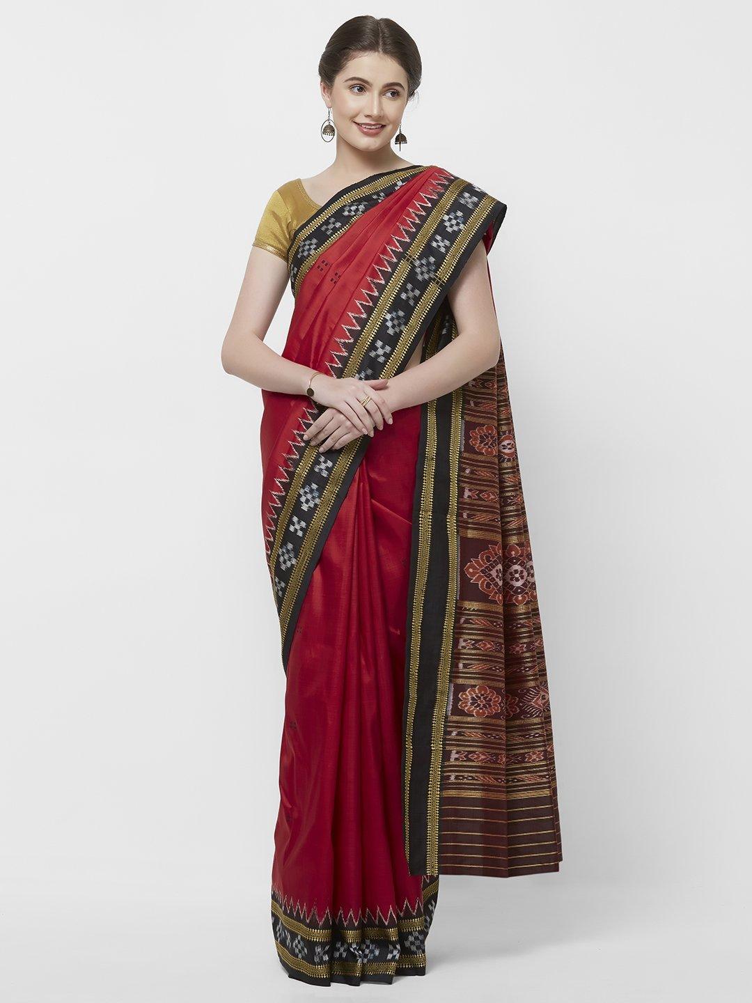 CraftsCollection.in -Red and Black Odisha Sambalpuri Silk Saree