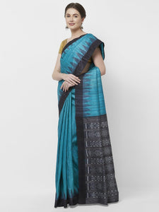 CraftsCollection.in -Blue and Black Tussar Ghicha Silk Sambalpuri Saree
