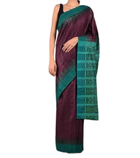 Maroon and Green Tussar Silk Sambalpuri Saree - Crafts Collection