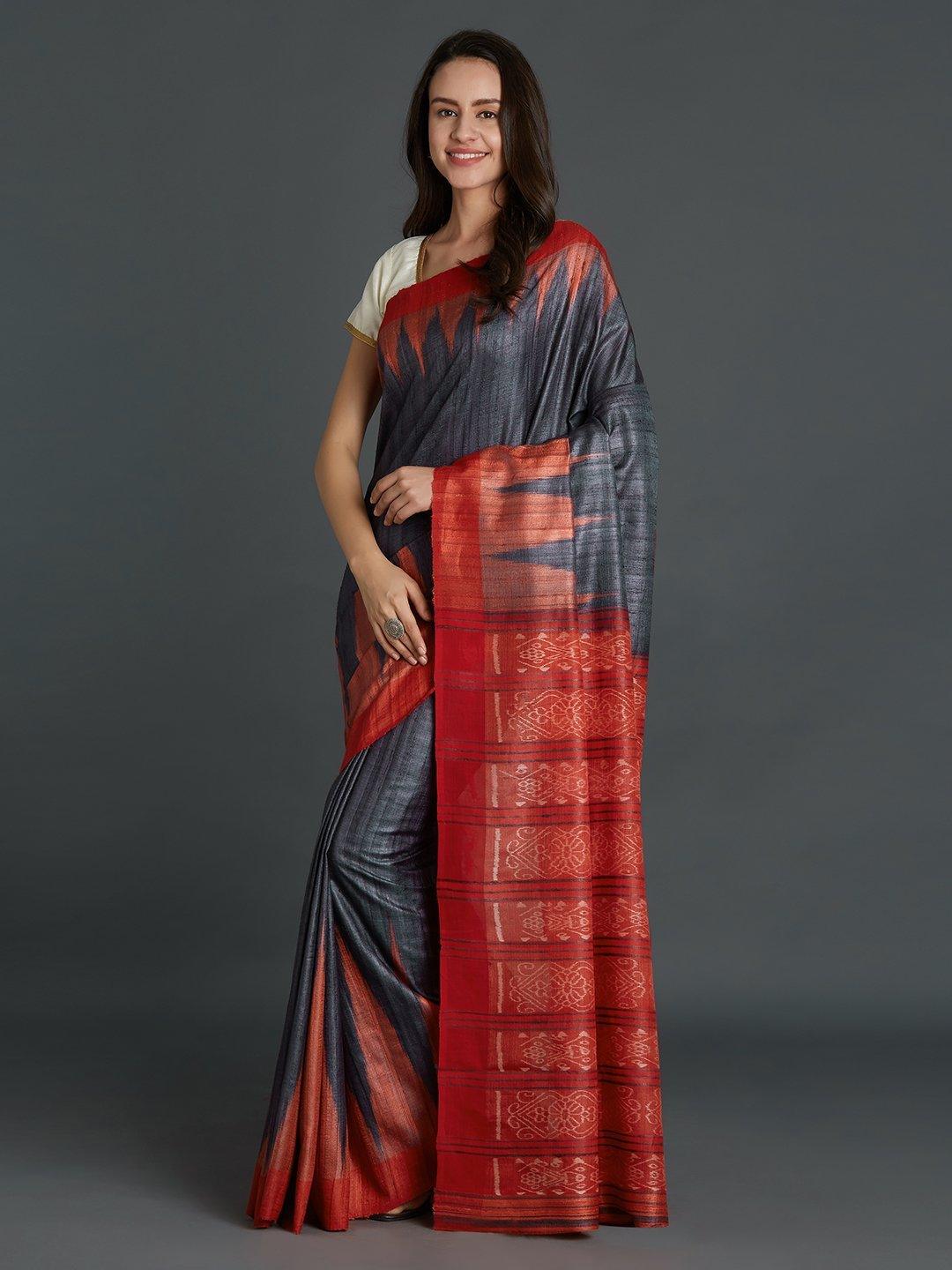 CraftsCollection.in - Black  Red Tussar Ghicha Silk Sambalpuri Bandha Saree