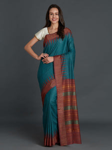 CraftsCollection.in - Blue Maroon Pedancle Tussar Silk Saree with Zari border and Palla