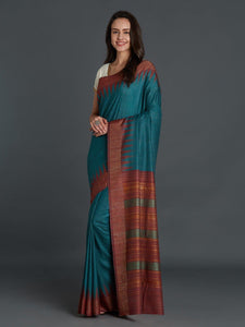 CraftsCollection.in - Blue Maroon Pedancle Tussar Silk Saree with Zari border and Palla