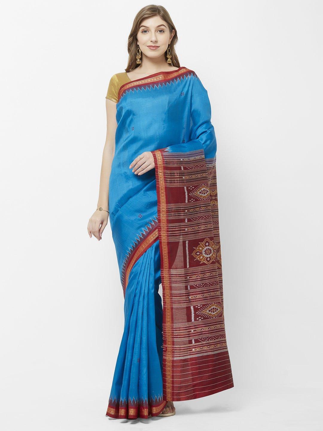 CraftsCollection.in -Blue Maroon Odisha Sambalpuri Silk Saree