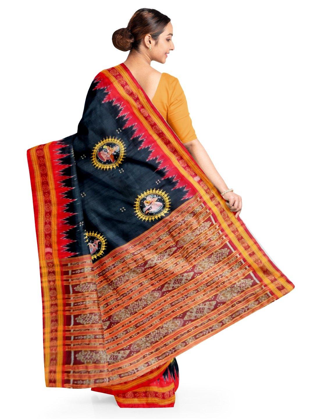 Black Khandua Silk Saree with handpainted Pattachitra motifs - Crafts Collection