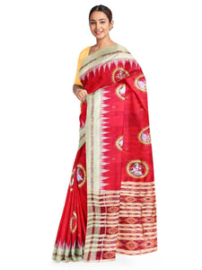 Red Khandua Silk Saree with handpainted Pattachitra motifs - Crafts Collection