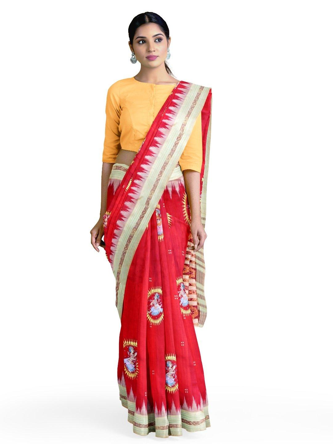 Red Khandua Silk Saree with handpainted Pattachitra motifs - Crafts Collection