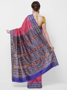CraftsCollection.in -Pink and Blue Odisha Silk Sambalpuri Saree