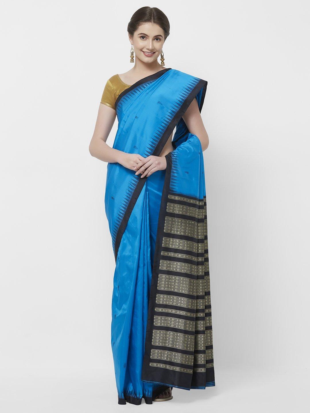 CraftsCollection.in -Blue and black Bomkai Saree with woven Fish motifs