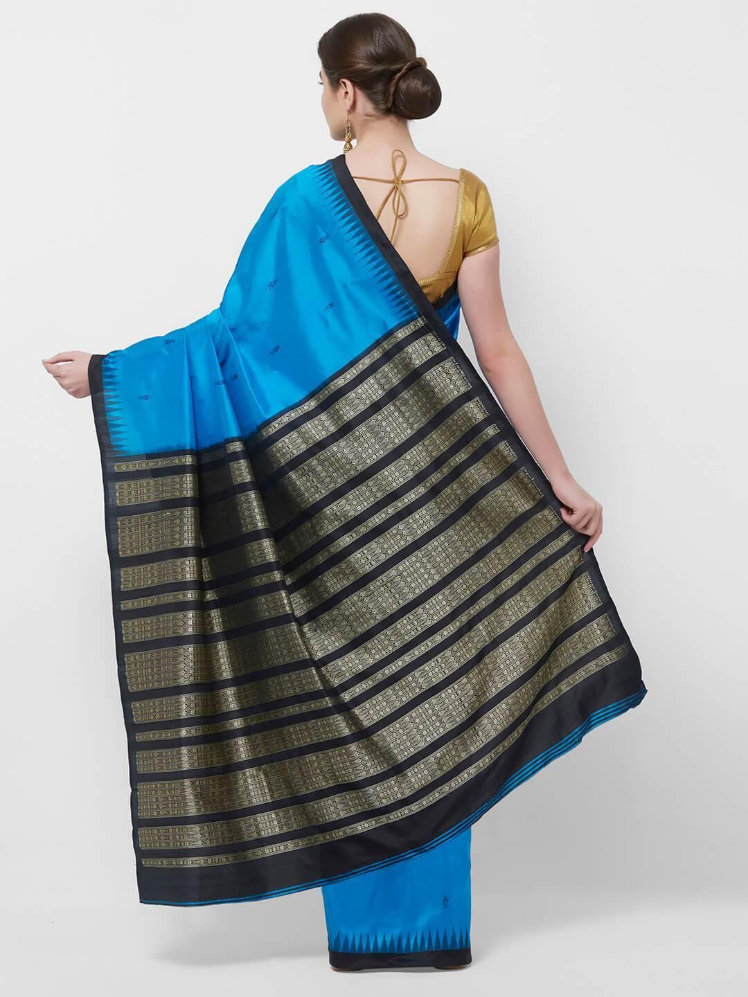 CraftsCollection.in -Blue and black Bomkai Saree with woven Fish motifs