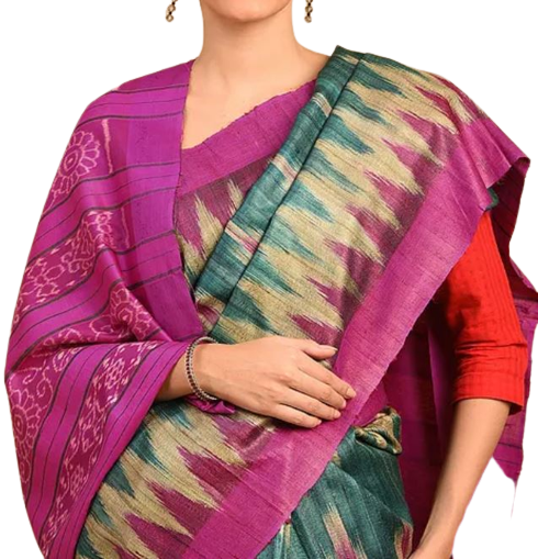 Green Tussar Silk Sambalpuri Saree with Pasapalli woven motifs and running blouse piece