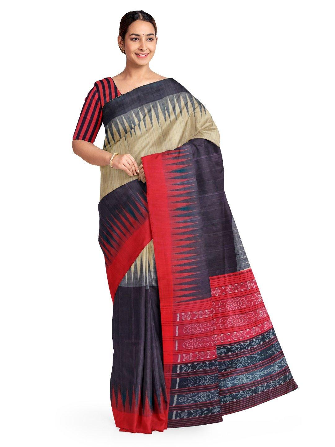 Half Half Beige Black Tussar Silk Sambalpuri Saree - Crafts Collection