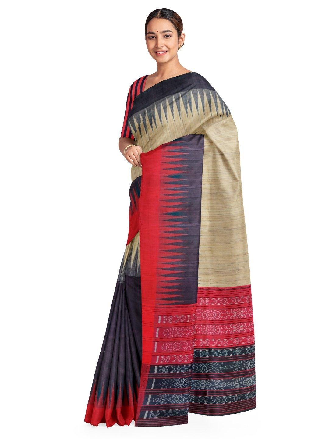 Half Half Beige Black Tussar Silk Sambalpuri Saree - Crafts Collection