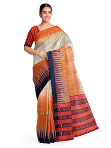 Half Half Beige Orange Tussar Silk Sambalpuri Saree - Crafts Collection
