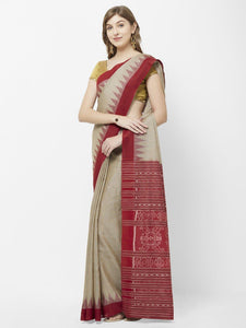 CraftsCollection.in - Beige Tussar Silk Saree with Sambalpuri Ikat Palla