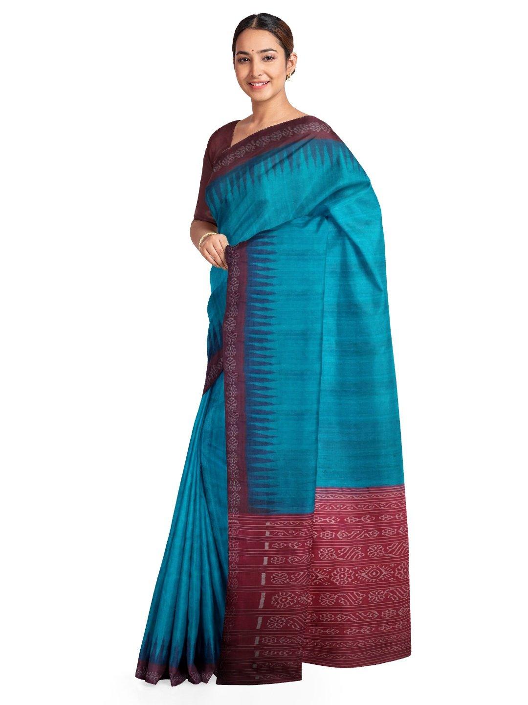 Blue Maroon Tussar Silk Sambalpuri Saree - Crafts Collection
