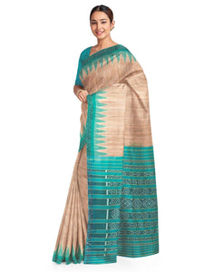 Beige Green Tussar Silk Sambalpuri Saree - Crafts Collection