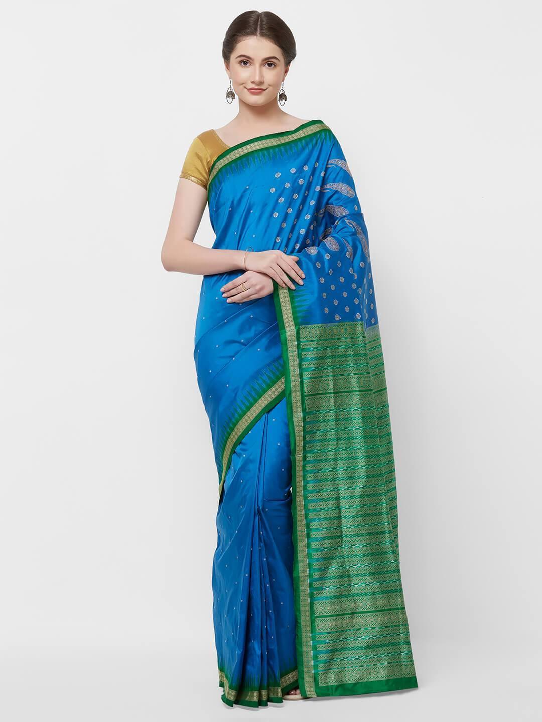 CraftsCollection.in -Blue and Green Odisha Bomkai Silk Saree