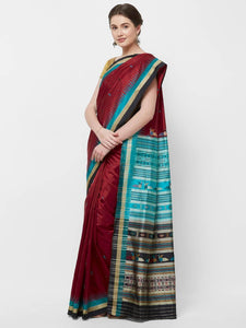 CraftsCollection.in -Red with Multi colour border Odisha Bomkai Silk Saree