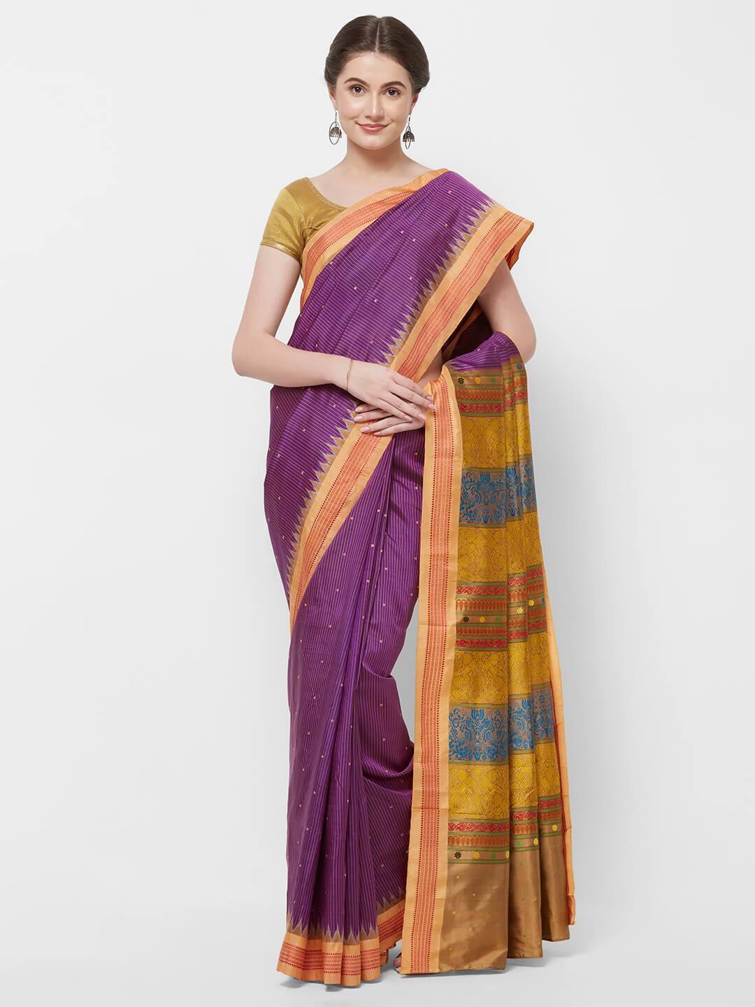 CraftsCollection.in -Purple and Peach Odisha Sambalpur Silk Saree