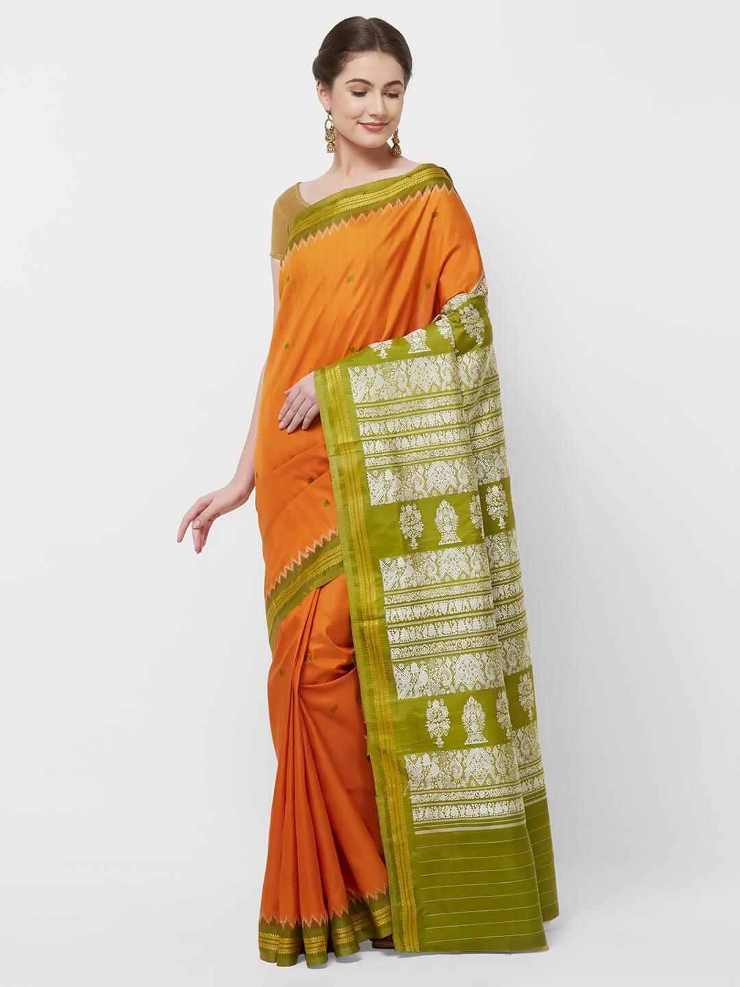 CraftsCollection.in -Orange and Green Odisha Sambalpur Silk Saree