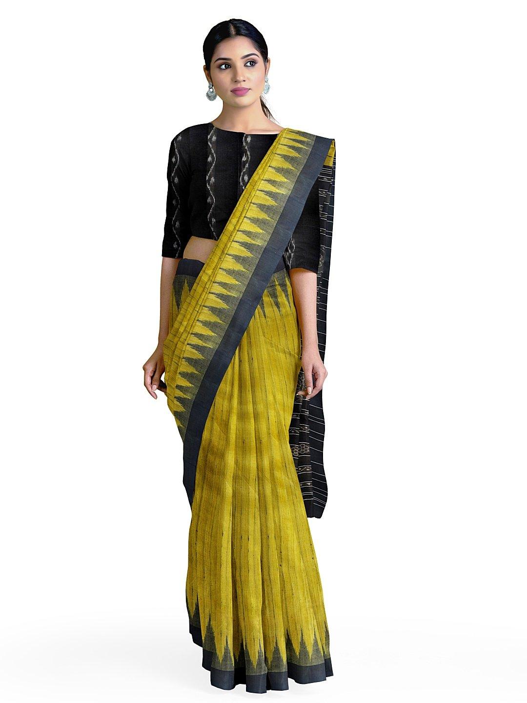Mustard Yellow Tussar Silk Sambalpuri Saree with Ikat Blouse - Crafts Collection