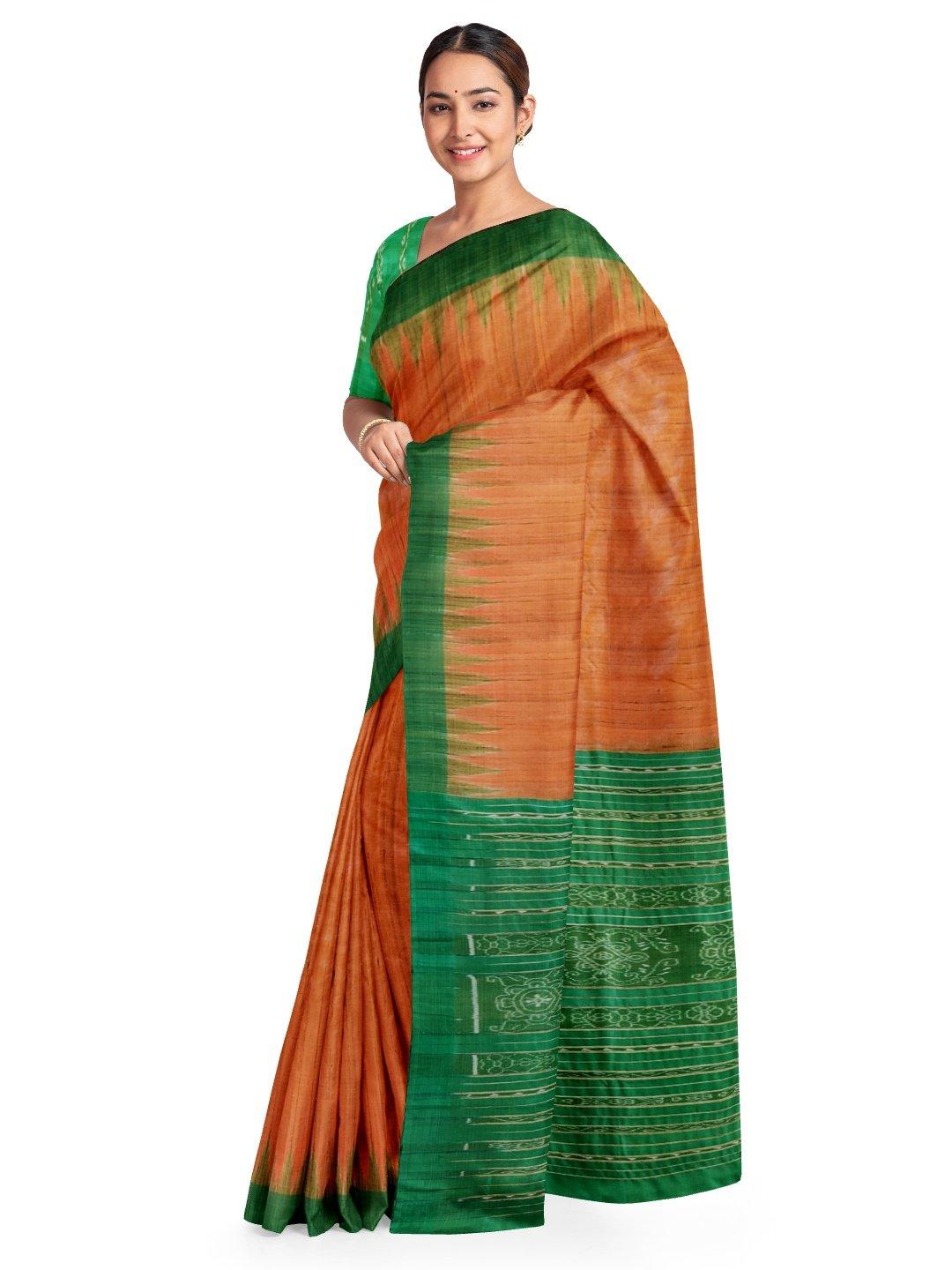 Orange Green Tussar Silk Sambalpuri Saree with Ikat Blouse - Crafts Collection