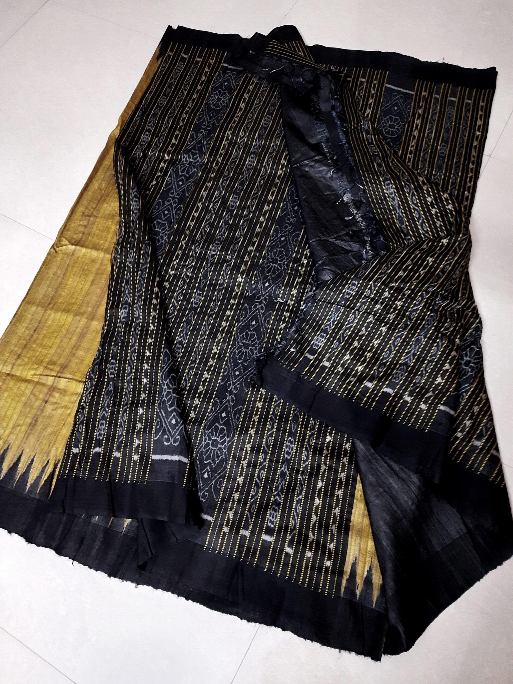 Golden and Black Patli Tussar Ghicha Silk Sambalpuri Ikat Saree with running blouse piece